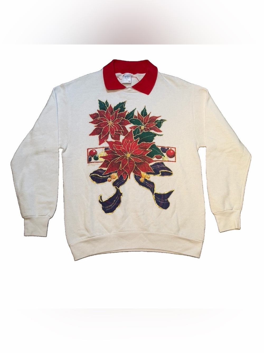 Vintage Medium Delta Poinsettia Christmas Holiday Collared Sweatshirt Pullover